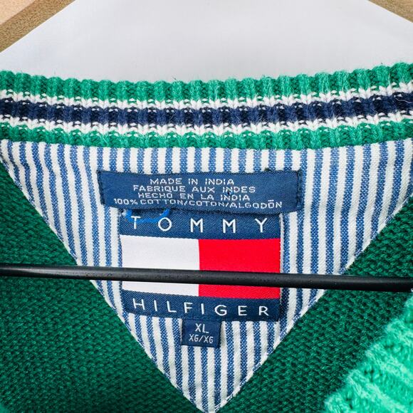 Vintage Tommy Hilfiger Green Cotton Sweater XL Oversized Preppy Unisex - Picture 3 of 6
